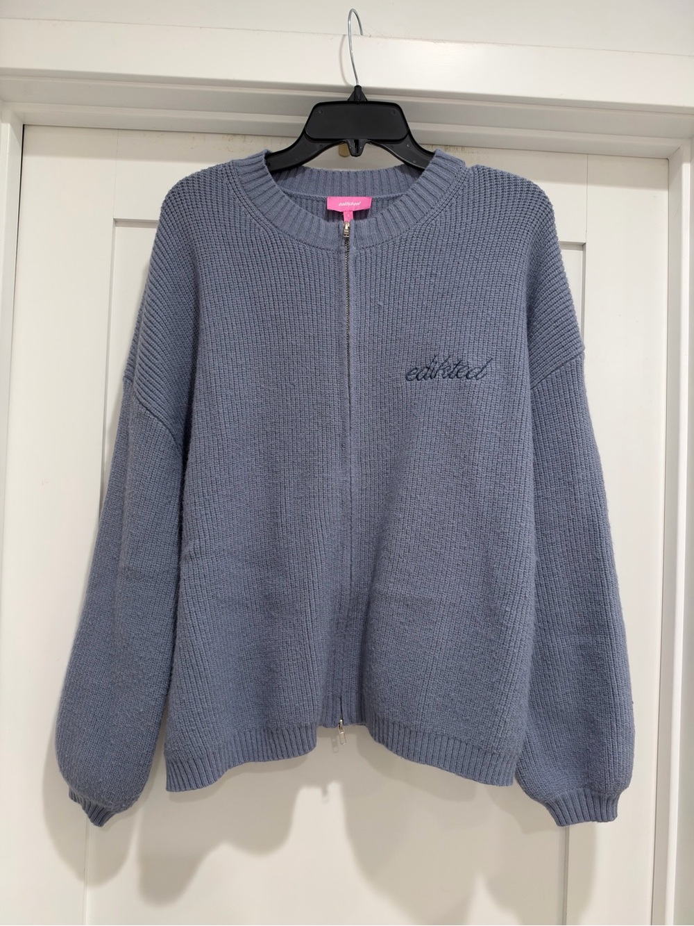 Edikted Embroidered Zip-Front Sweater - Dusty Blue